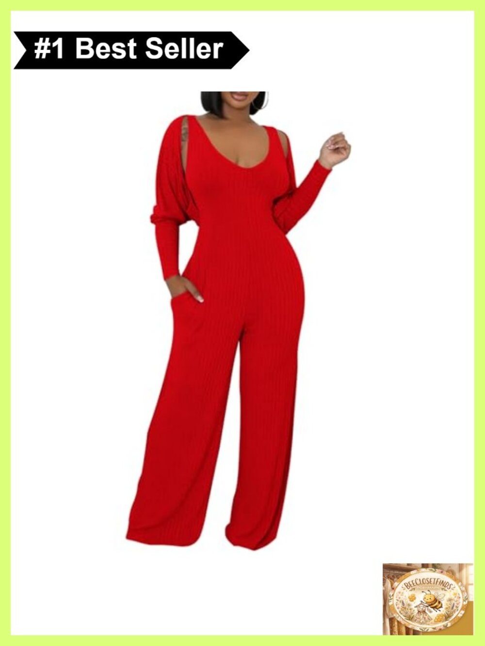 Ribbed 2-Piece Jumpsuit Set with Wide Leg Romper & Open-Front Cardigan